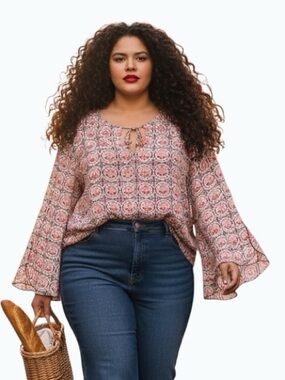 Premiere Collection Plus Boho Medallion Print Tie-Neck Blouse 22W